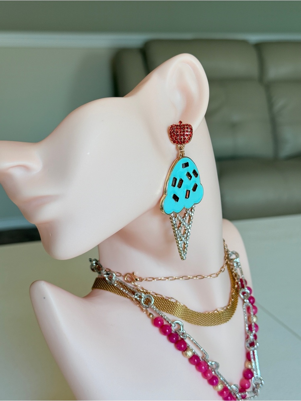 Turquoise and Red Ice Cream Cone Drop Earrings